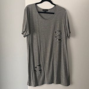 NWOT• POL Grey Tee Tunic with Sequin Rip Details
